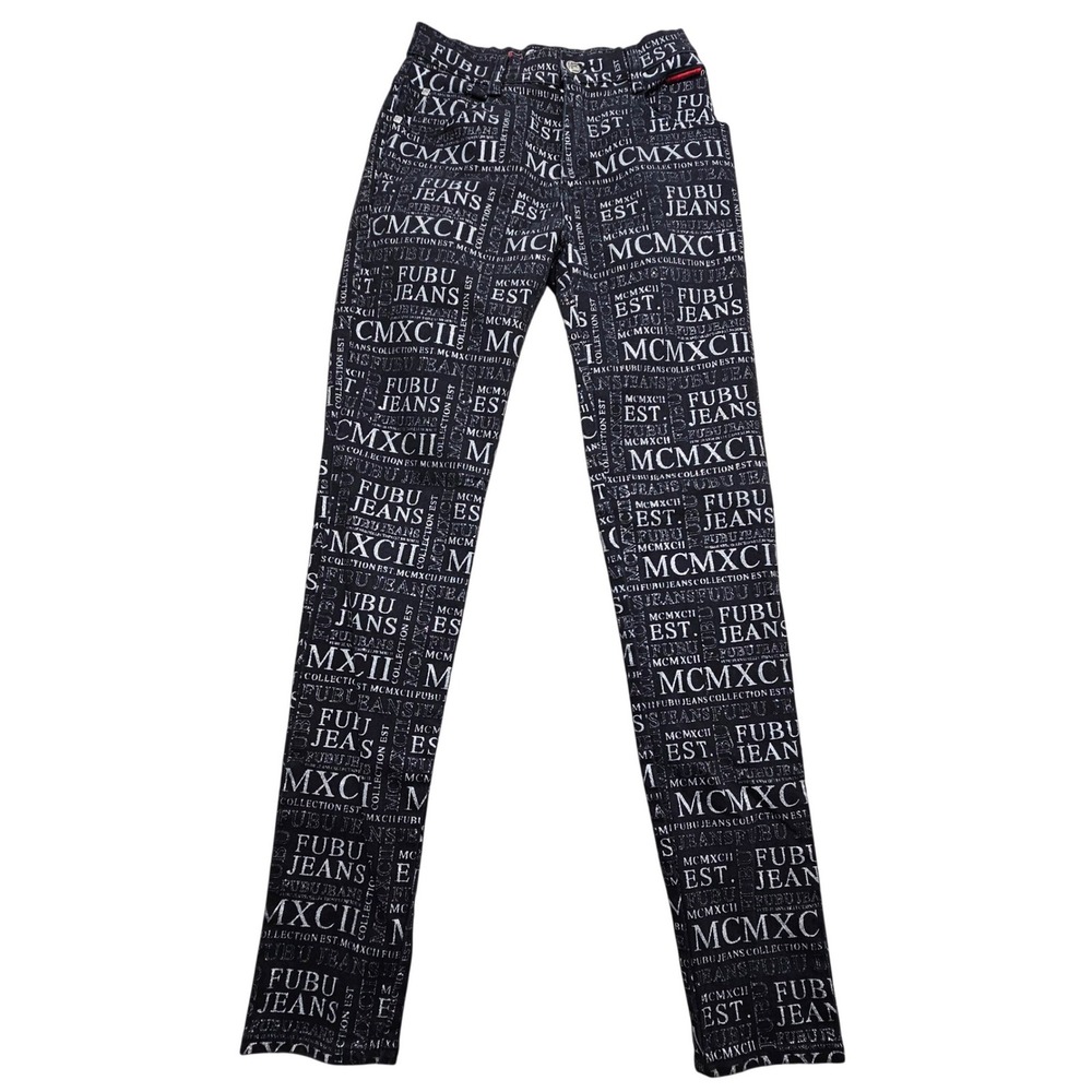 Vintage FUBU The Collection All Over Print Logo Jeans Black Silver W5/6 90s Y2K